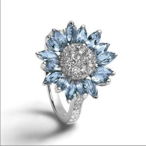 Elegant Blue and Silver Floral Sunflower Ring Sparkling Rhinestones Size 6